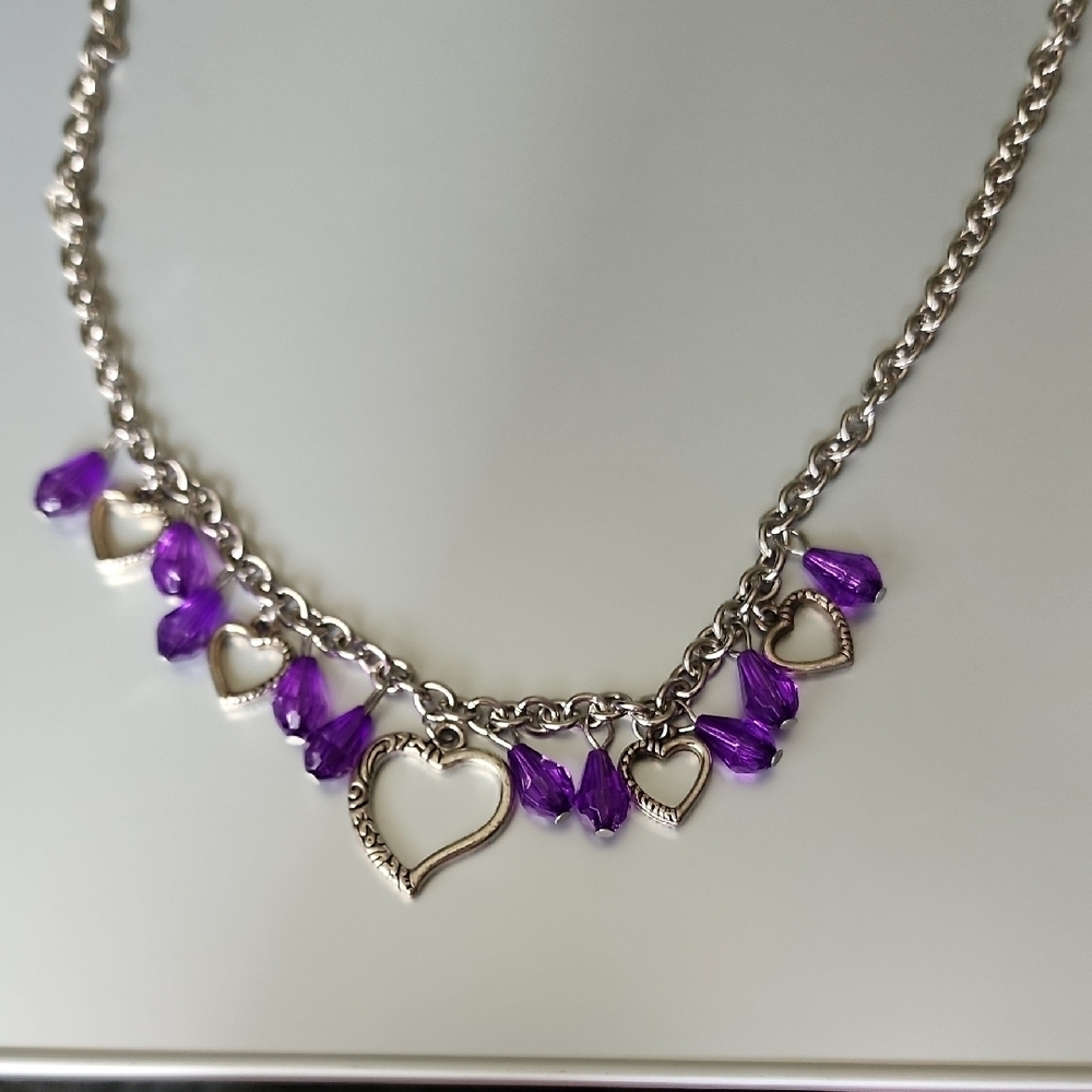 Heart Lavender TEARDROP GEM Dangle Collar Necklace VINTAGE DESIGN